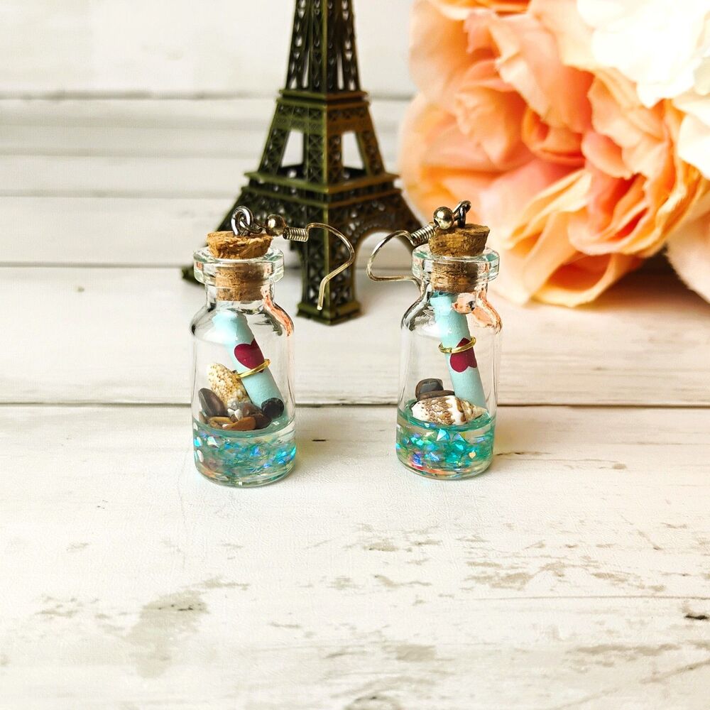 New Super Cute Glass Message In A Bottle Earrings Shells Eclectic, Sea, Ocean